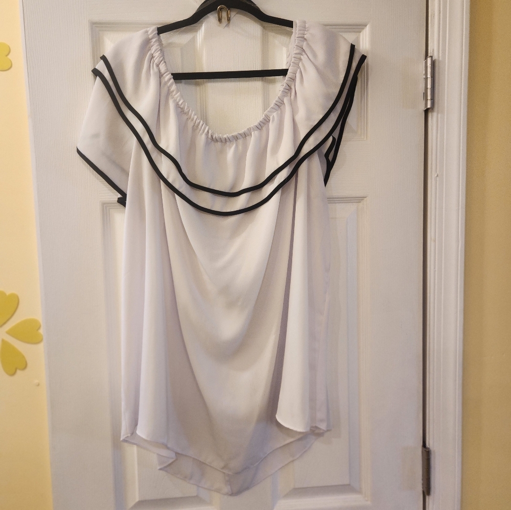 Ashley Stewart White Blouse with Black Trim